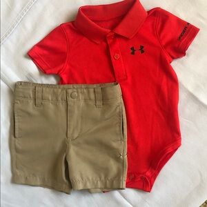 Under Armour Red Onesie with Khaki Shorts